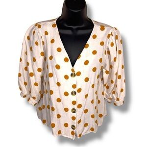 Medium Potters Pot Linen Blend Blouse Top Ivory Yellow Dots Puff Sleeve Retro